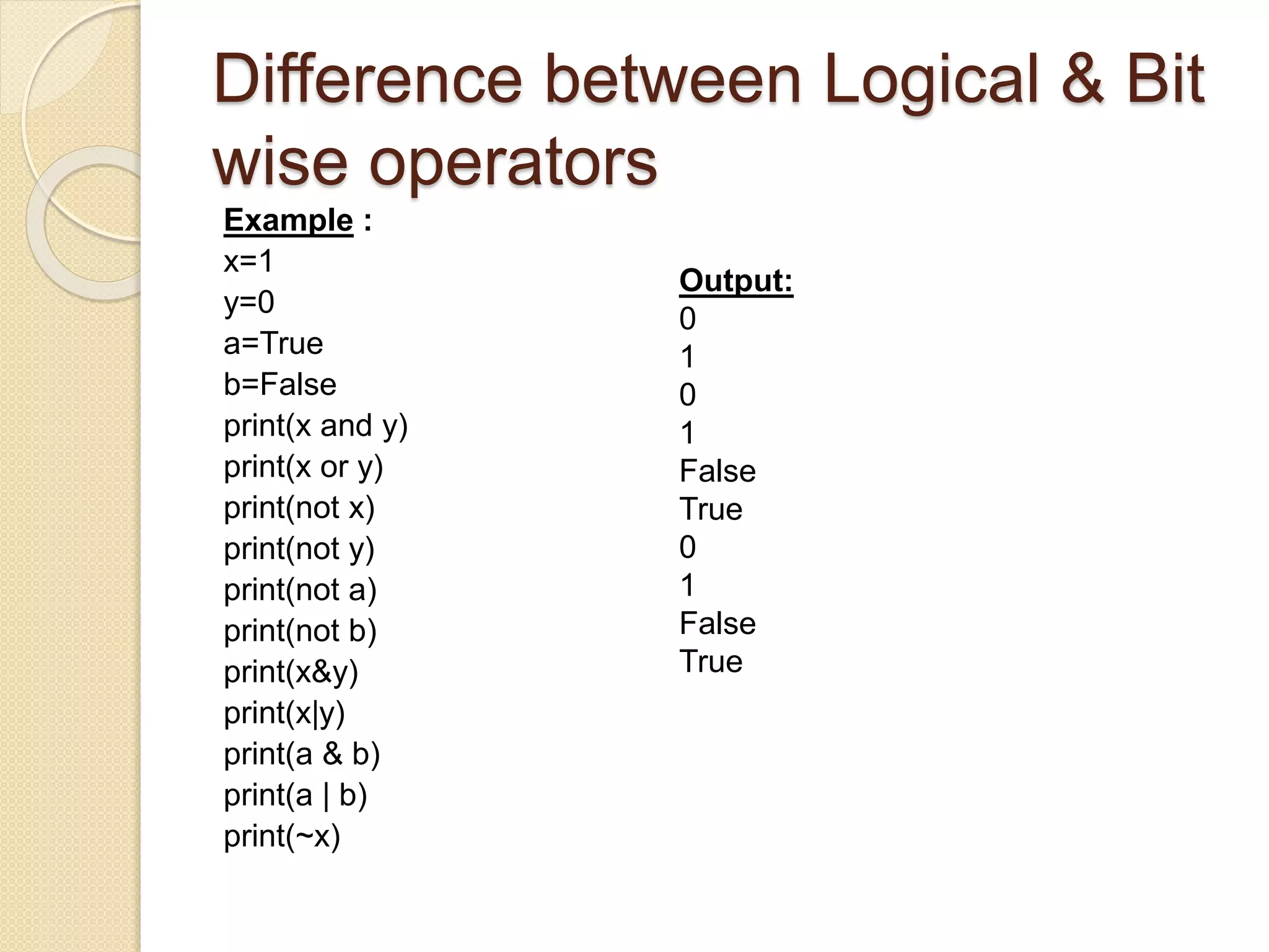 Difference between Logical & Bit
wise operators
Example :
x=1
y=0
a=True
b=False
print(x and y)
print(x or y)
print(not x)
print(not y)
print(not a)
print(not b)
print(x&y)
print(x|y)
print(a & b)
print(a | b)
print(~x)
Output:
0
1
0
1
False
True
0
1
False
True
 