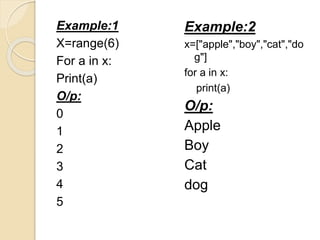 Example:1
X=range(6)
For a in x:
Print(a)
O/p:
0
1
2
3
4
5
Example:2
x=["apple","boy","cat","do
g"]
for a in x:
print(a)
O/p:
Apple
Boy
Cat
dog
 