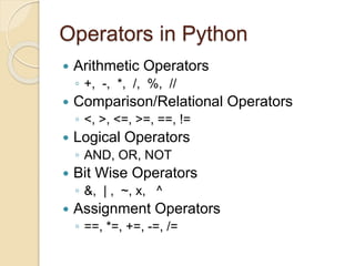 Operators in Python
 Arithmetic Operators
◦ +, -, *, /, %, //
 Comparison/Relational Operators
◦ <, >, <=, >=, ==, !=
 Logical Operators
◦ AND, OR, NOT
 Bit Wise Operators
◦ &, | , ~, x, ^
 Assignment Operators
◦ ==, *=, +=, -=, /=
 
