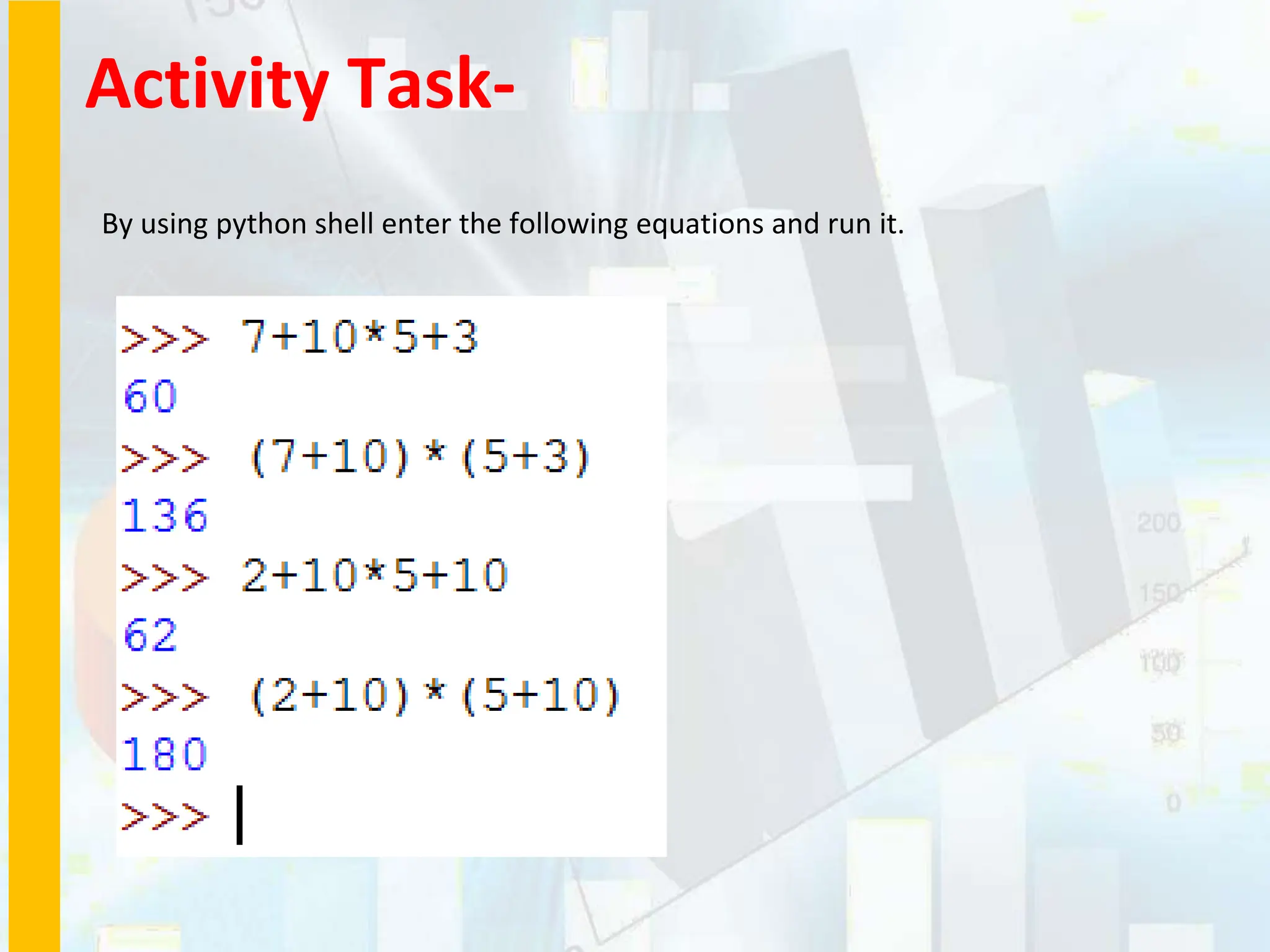 Activity Task-
By using python shell enter the following equations and run it.
 