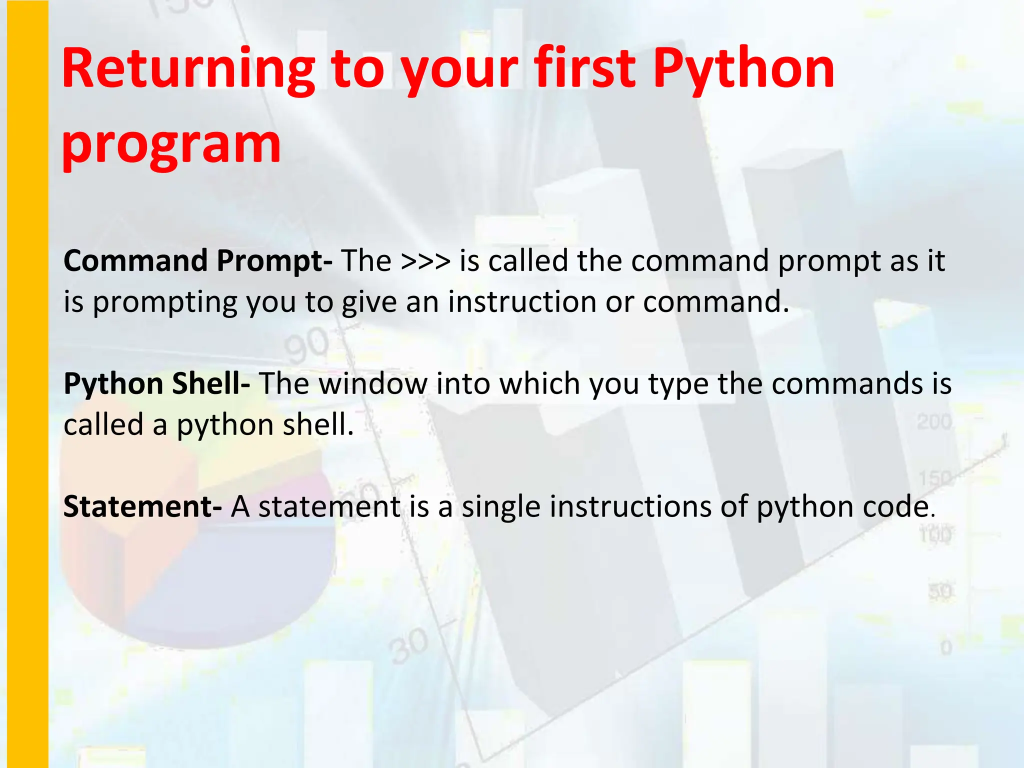 Returning to your first Python
program
Command Prompt- The >>> is called the command prompt as it
is prompting you to give an instruction or command.
Python Shell- The window into which you type the commands is
called a python shell.
Statement- A statement is a single instructions of python code.
 