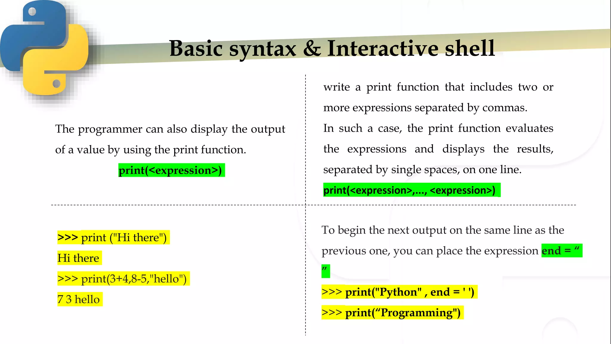 Basic syntax & Interactive shell
The programmer can also display the output
of a value by using the print function.
print(<expression>)
To begin the next output on the same line as the
previous one, you can place the expression end = “
”
>>> print("Python" , end = ' ')
>>> print(“Programming")
write a print function that includes two or
more expressions separated by commas.
In such a case, the print function evaluates
the expressions and displays the results,
separated by single spaces, on one line.
print(<expression>,..., <expression>)
>>> print ("Hi there")
Hi there
>>> print(3+4,8-5,"hello")
7 3 hello
 