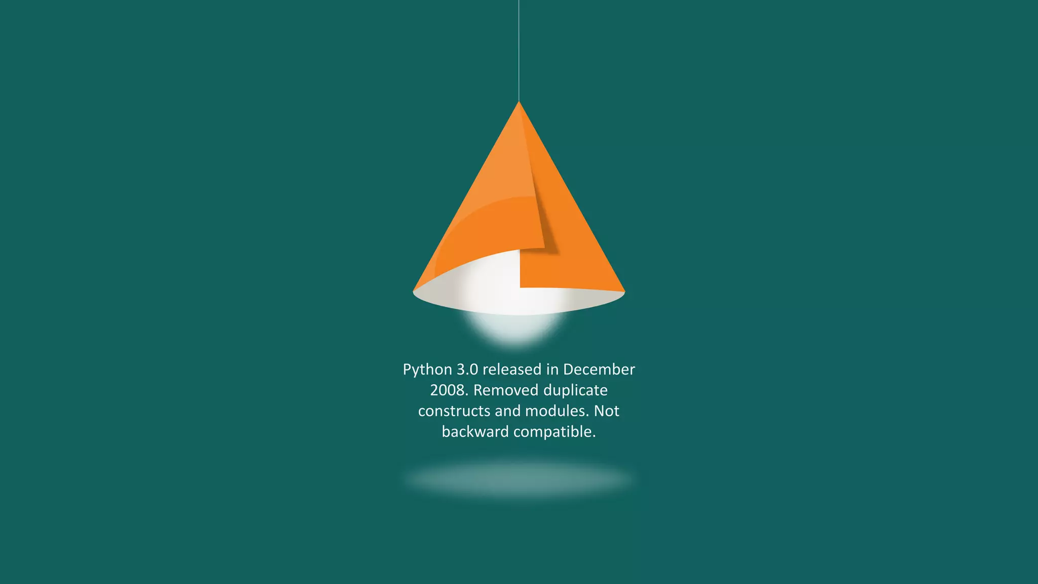 Python 3.0 released in December
2008. Removed duplicate
constructs and modules. Not
backward compatible.
 
