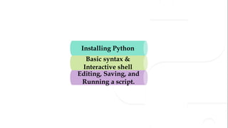 Basic syntax &
Interactive shell
Editing, Saving, and
Running a script.
Installing Python
 