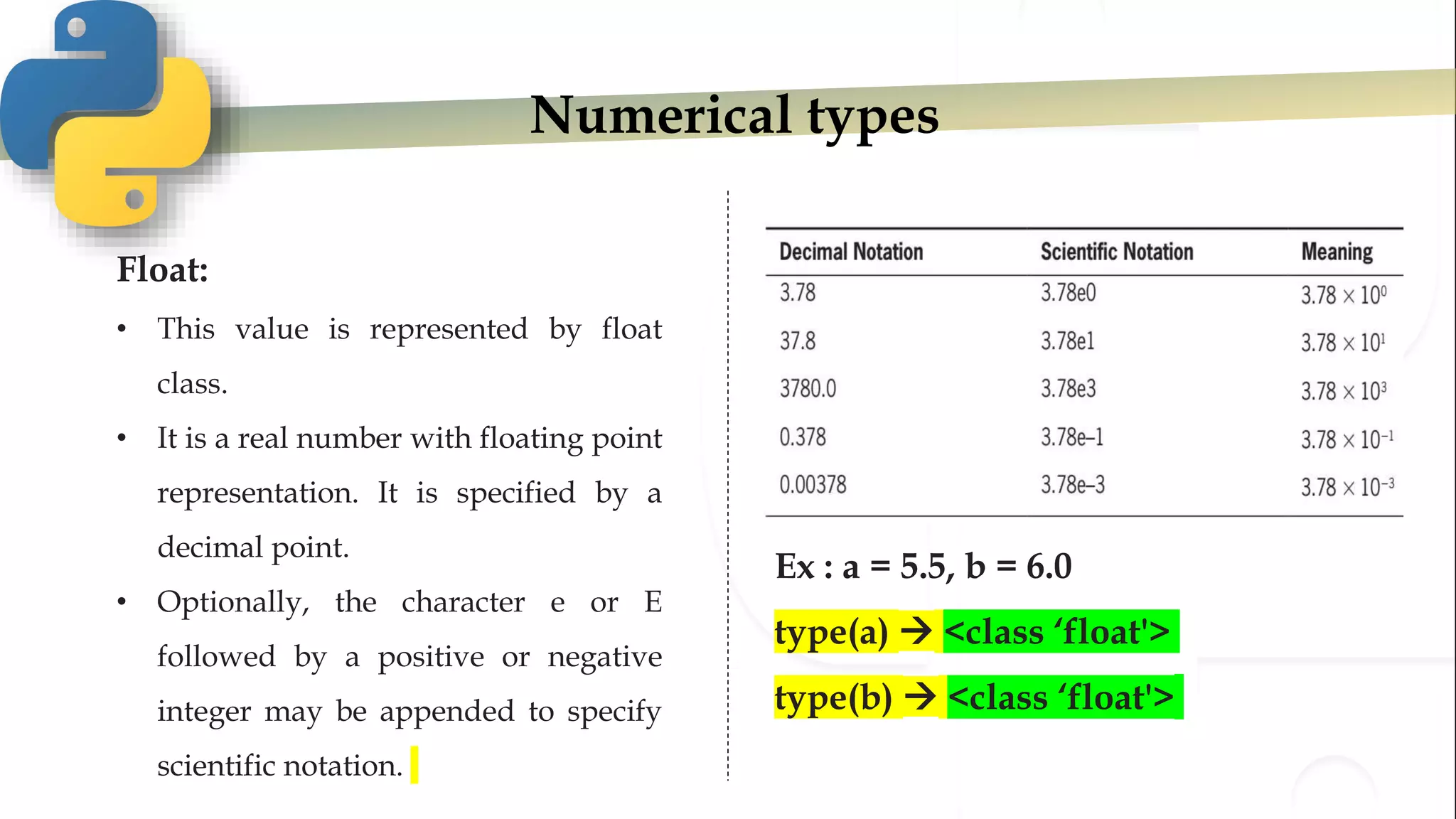 Numerical types
Float:
• This value is represented by float
class.
• It is a real number with floating point
representation. It is specified by a
decimal point.
• Optionally, the character e or E
followed by a positive or negative
integer may be appended to specify
scientific notation.
Ex : a = 5.5, b = 6.0
type(a)  <class ‘float'>
type(b)  <class ‘float'>
 
