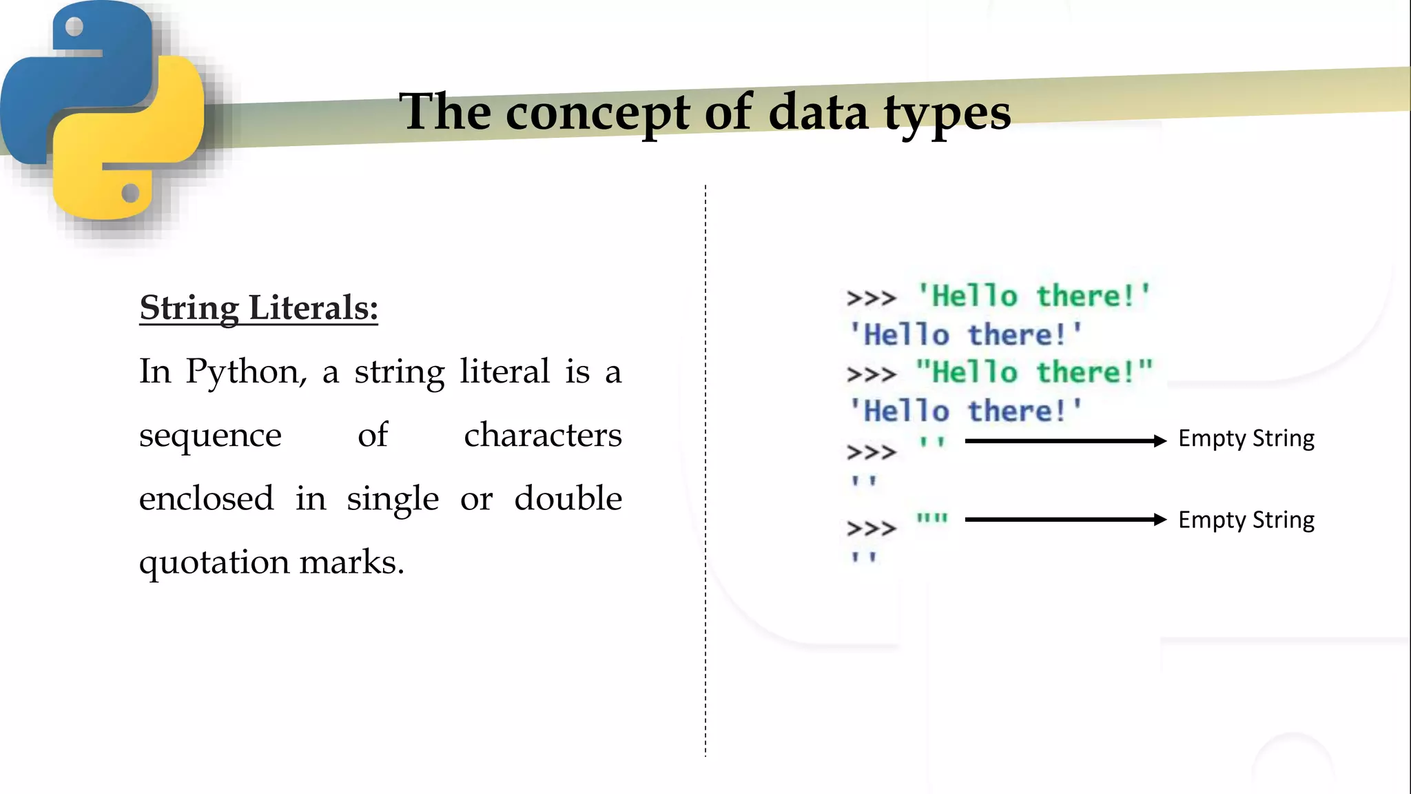 The concept of data types
String Literals:
In Python, a string literal is a
sequence of characters
enclosed in single or double
quotation marks.
Empty String
Empty String
 