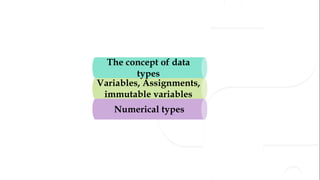 Variables, Assignments,
immutable variables
Numerical types
The concept of data
types
 