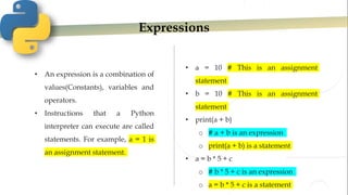 Expressions
• An expression is a combination of
values(Constants), variables and
operators.
• Instructions that a Python
interpreter can execute are called
statements. For example, a = 1 is
an assignment statement.
• a = 10 # This is an assignment
statement
• b = 10 # This is an assignment
statement
• print(a + b)
o # a + b is an expression
o print(a + b) is a statement
• a = b * 5 + c
o # b * 5 + c is an expression
o a = b * 5 + c is a statement
 