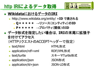http IRIによるデータ取得
◼ WikidataにおけるデータのIRI
◼ http://www.wikidata.org/entity/ +ID で表される
◼ Q＊＊＊＊＊ →リソース（エンティティ）のID
◼ P＊＊＊＊＊ →プロパティ（関係）のID
◼ データ形式を指定したい場合は，IRIの末尾に拡張子
を付けてアクセス
（HTTPリクエストのACCEPTヘッダーで指定）
◼ text/html HTML形式
◼ application/rdf+xml RDF/XML形式
◼ text/turtle スキーマTurtle形式
◼ application/json JSON形式
◼ application/ld+json JSON-LD形式
 