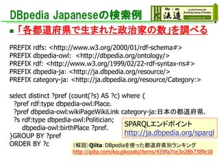 DBpedia Japaneseの検索例
◼ 「各都道府県で生まれた政治家の数」を調べる
PREFIX rdfs: <http://www.w3.org/2000/01/rdf-schema#>
PREFIX dbpedia-owl: <http://dbpedia.org/ontology/>
PREFIX rdf: <http://www.w3.org/1999/02/22-rdf-syntax-ns#>
PREFIX dbpedia-ja: <http://ja.dbpedia.org/resource/>
PREFIX category-ja: <http://ja.dbpedia.org/resource/Category:>
select distinct ?pref (count(?s) AS ?c) where {
?pref rdf:type dbpedia-owl:Place.
?pref dbpedia-owl:wikiPageWikiLink category-ja:日本の都道府県.
?s rdf:type dbpedia-owl:Politician;
dbpedia-owl:birthPlace ?pref.
}GROUP BY ?pref
ORDER BY ?c （解説）Qiita：DBpediaを使った都道府県別ランキング
http://qiita.com/koujikozaki/items/439fa7ce3e28b738fe10
SPARQLエンドポイント
http://ja.dbpedia.org/sparql
 