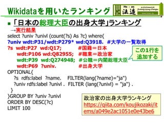 Wikidataを用いたランキング
◼ 「日本の総理大臣の出身大学」ランキング
→実行結果
select ?univ ?univl (count(?s) As ?c) where{
?univ wdt:P31/wdt:P279* wd:Q3918. #大学の一覧取得
?s wdt:P27 wd:Q17; #国籍＝日本
wdt:P106 wd:Q82955; #職業＝政治家
wdt:P39 wd:Q274948; #公職＝内閣総理大臣
wdt:P69 ?univ. #出身大学
OPTIONAL{
?s rdfs:label ?name. FILTER(lang(?name)="ja")
?univ rdfs:label ?univl . FILTER (lang(?univl) = "ja") .
}
}GROUP BY ?univ ?univl
ORDER BY DESC(?c)
LIMIT 100
政治家の出身大学ランキング
https://qiita.com/koujikozaki/it
ems/a049e2ac1051e0e43be6
この1行を
追加する
 