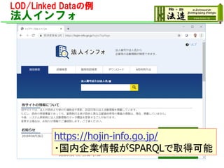 LOD/Linked Dataの例
法人インフォ
https://hojin-info.go.jp/
・国内企業情報がSPARQLで取得可能
 