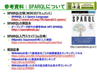参考資料：SPARQLについて
◼ SPARQL仕様（W3Cのドキュメント）
◼ SPARQL 1.1 Query Language
https://www.w3.org/TR/sparql11-query/
◼ SPARQLの解説本
◼ オープンデータ時代の標準Web API SPARQL
http://sparqlbook.jp/
◼ SPARQL入門スライド（ｂｙ古崎）
◼ DBpedia Japaneseを例にした解説
https://www.slideshare.net/KoujiKozaki/4lod
◼ 解説記事
◼ Wikidataを使って鉄道会社ごとの総路線長をランキングしてみる
https://qiita.com/RK-miha/items/6d94f425871c4e9f5f73
◼ DBpediaを使った都道府県別ランキング
http://bit.ly/2oDPl0Q
◼ Wikidataを使った日本の政治家の出身大学ランキング
http://bit.ly/2PBt8fn
http://sparqlbook.jp/より
 
