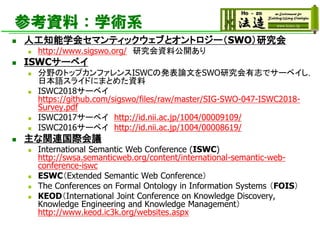 参考資料：学術系
◼ 人工知能学会セマンティックウェブとオントロジー（SWO）研究会
◼ http://www.sigswo.org/ 研究会資料公開あり
◼ ISWCサーベイ
◼ 分野のトップカンファレンスISWCの発表論文をSWO研究会有志でサーベイし，
日本語スライドにまとめた資料
◼ ISWC2018サーベイ
https://github.com/sigswo/files/raw/master/SIG-SWO-047-ISWC2018-
Survey.pdf
◼ ISWC2017サーベイ http://id.nii.ac.jp/1004/00009109/
◼ ISWC2016サーベイ http://id.nii.ac.jp/1004/00008619/
◼ 主な関連国際会議
◼ International Semantic Web Conference (ISWC)
http://swsa.semanticweb.org/content/international-semantic-web-
conference-iswc
◼ ESWC（Extended Semantic Web Conference）
◼ The Conferences on Formal Ontology in Information Systems （FOIS）
◼ KEOD（International Joint Conference on Knowledge Discovery,
Knowledge Engineering and Knowledge Management）
http://www.keod.ic3k.org/websites.aspx
 