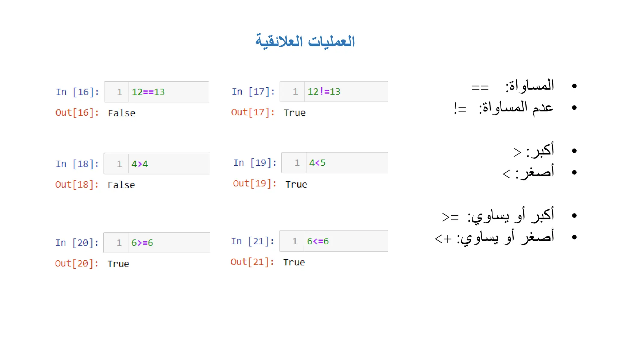 ‫العالئقية‬ ‫العمليات‬
•
‫المساواة‬
:
==
•
‫المساواة‬ ‫عدم‬
:
!=
•
‫أكبر‬
:
>
•
‫أصغر‬
:
<
•
‫يساوي‬ ‫أو‬ ‫أكبر‬
:
>=
•
‫يساوي‬ ‫أو‬ ‫أصغر‬
:
<+
 