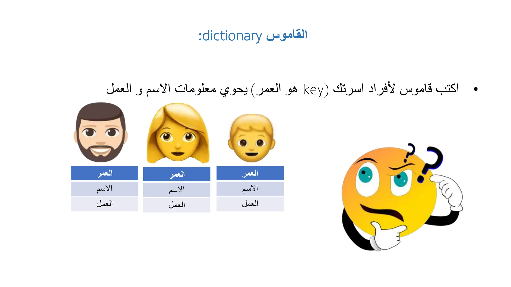 ‫القاموس‬
dictionary
:
•
‫اسرتك‬ ‫ألفراد‬ ‫قاموس‬ ‫اكتب‬
(
key
‫العمر‬ ‫هو‬
)
‫العمل‬ ‫و‬ ‫االسم‬ ‫معلومات‬ ‫يحوي‬
‫العمر‬
‫االسم‬
‫العمل‬
‫العمر‬
‫االسم‬
‫العمل‬
‫العمر‬
‫االسم‬
‫العمل‬
 