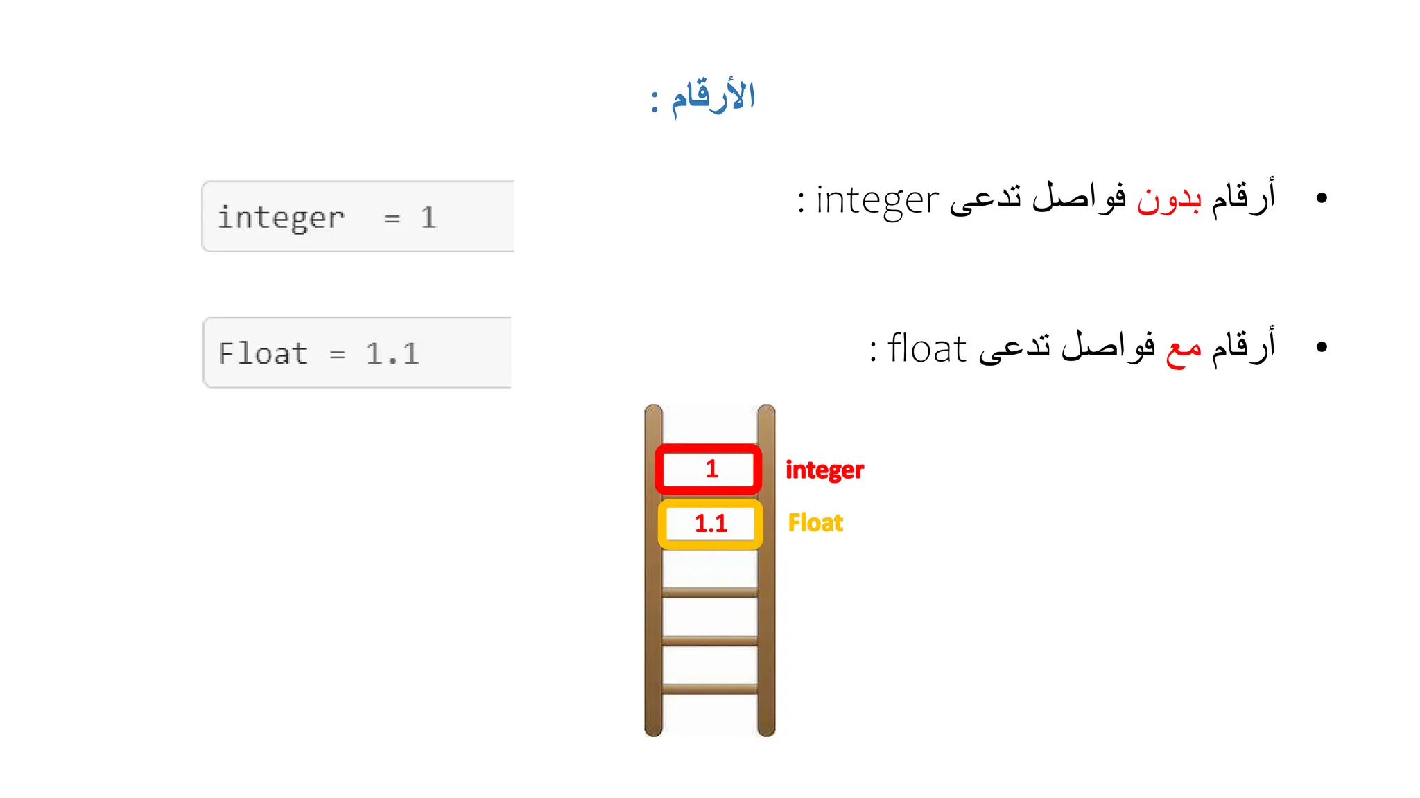 ‫األرقام‬
:
•
‫أرقام‬
‫بدون‬
‫تدعى‬ ‫فواصل‬
integer
:
•
‫أرقام‬
‫مع‬
‫تدعى‬ ‫فواصل‬
float
:
 