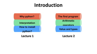 Introduction
Lecture 1 Lecture 2
Why python?
Interpretation
How to install
python?
The first program
Arithmetic
operators
Value and types
 