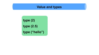 Value and types
type (2)
type (2.5)
type (“hello”)
 