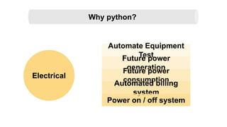 Electrical
Why python?
Automate Equipment
Test
Future power
generation
Future power
consumption
Automated billing
system
Power on / off system
 