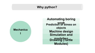 Mechanica
l
Why python?
Automating boring
work
Prediction of stress on
objects
Machine design
Simulation and
modeling
Drawing (Turtle
Modules)
 