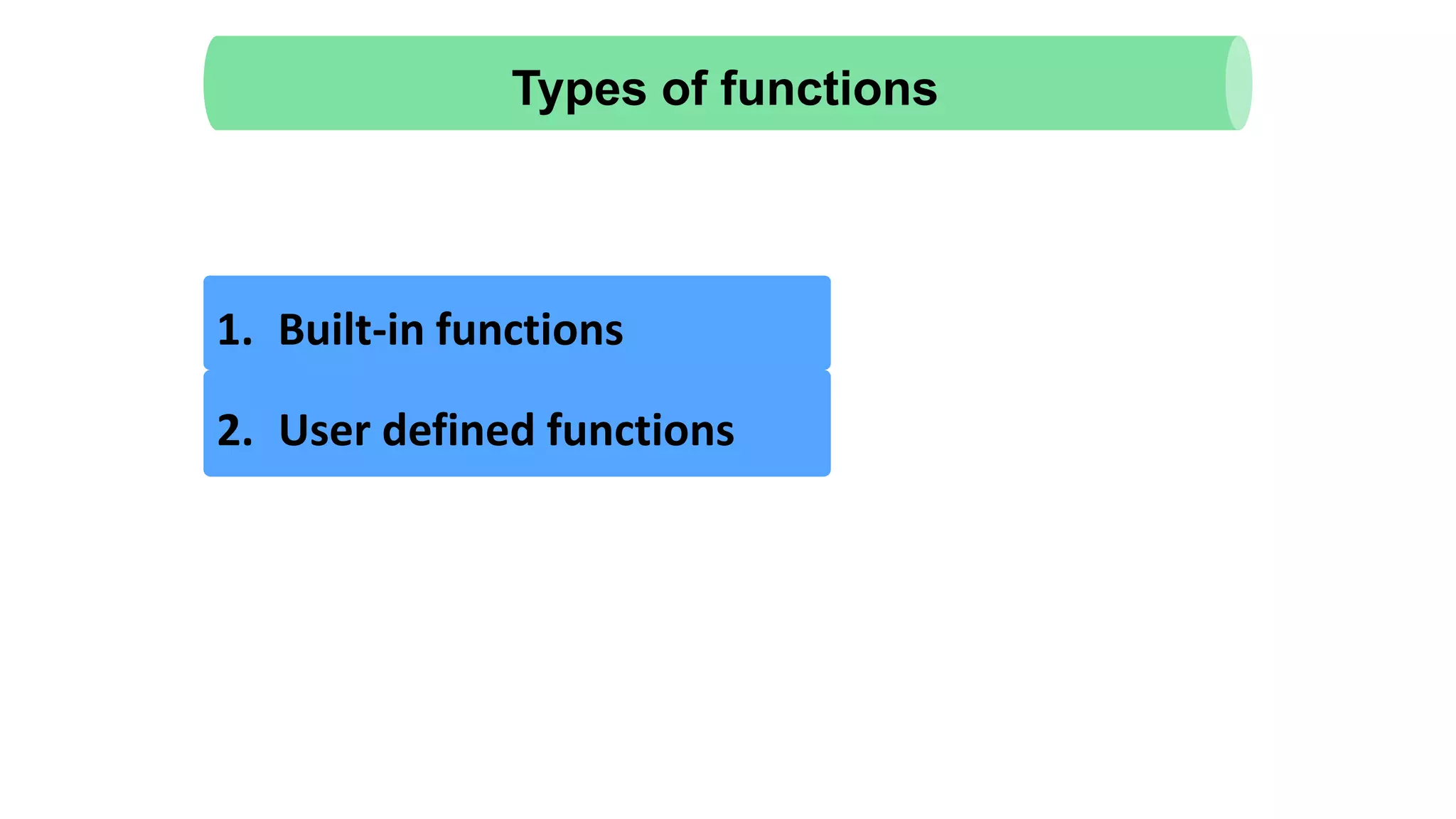 Types of functions
1. Built-in functions
2. User defined functions
 