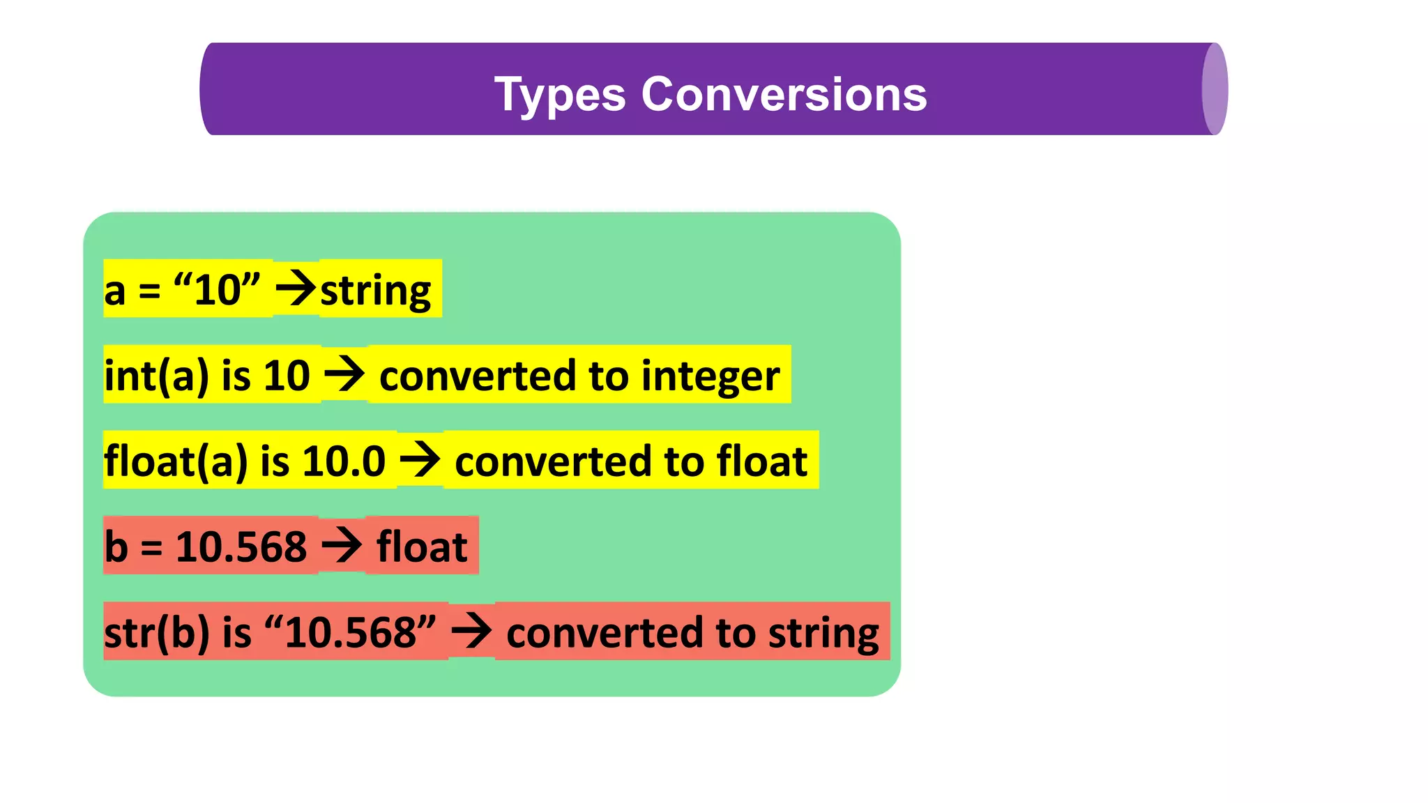Types Conversions
a = “10” string
int(a) is 10  converted to integer
float(a) is 10.0  converted to float
b = 10.568  float
str(b) is “10.568”  converted to string
 