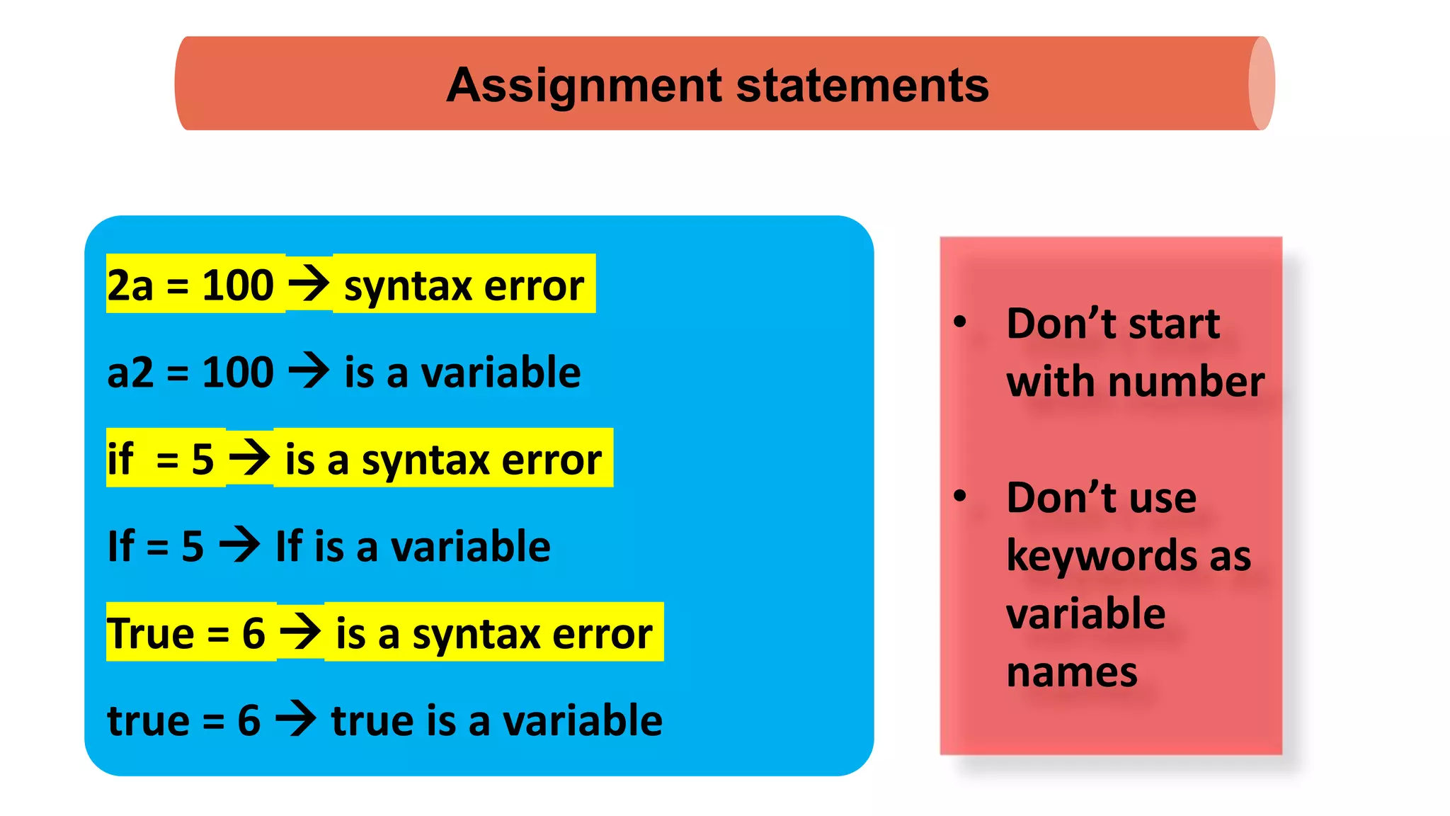 • Don’t start
with number
• Don’t use
keywords as
variable
names
Assignment statements
2a = 100  syntax error
a2 = 100  is a variable
if = 5  is a syntax error
If = 5  If is a variable
True = 6  is a syntax error
true = 6  true is a variable
 