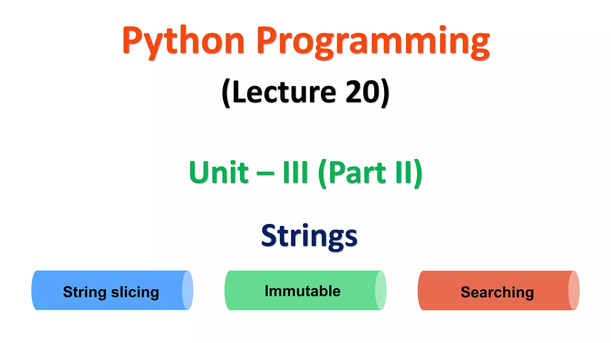 Python Programming Unit – III (Part II) (Lecture 20) Strings Immutable Searching String slicing 
