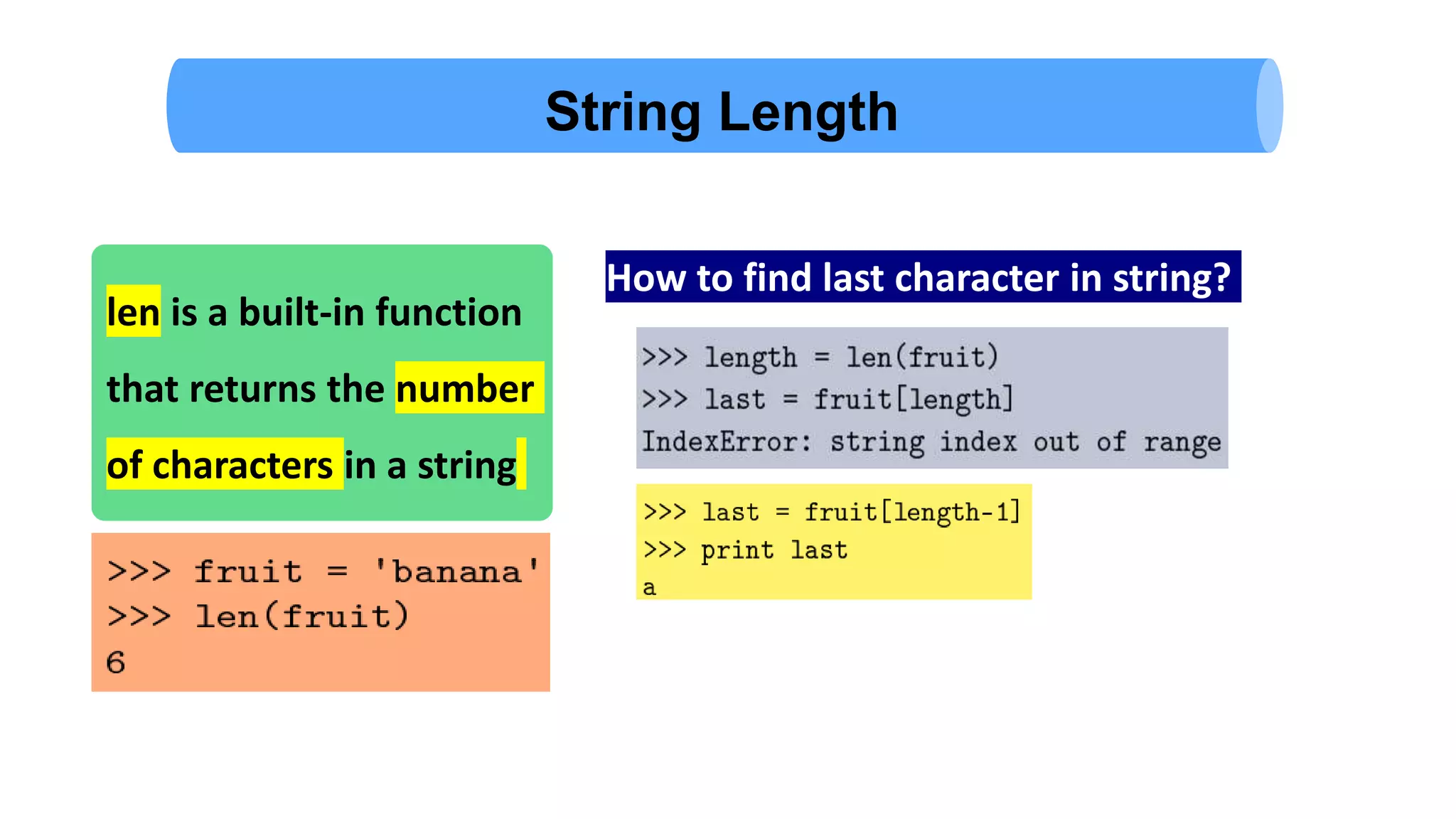 String Length len is a built-in function that returns the number of characters in a string How to find last character in string? 