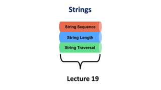 Strings
Lecture 19
String Sequence
String Length
String Traversal
 