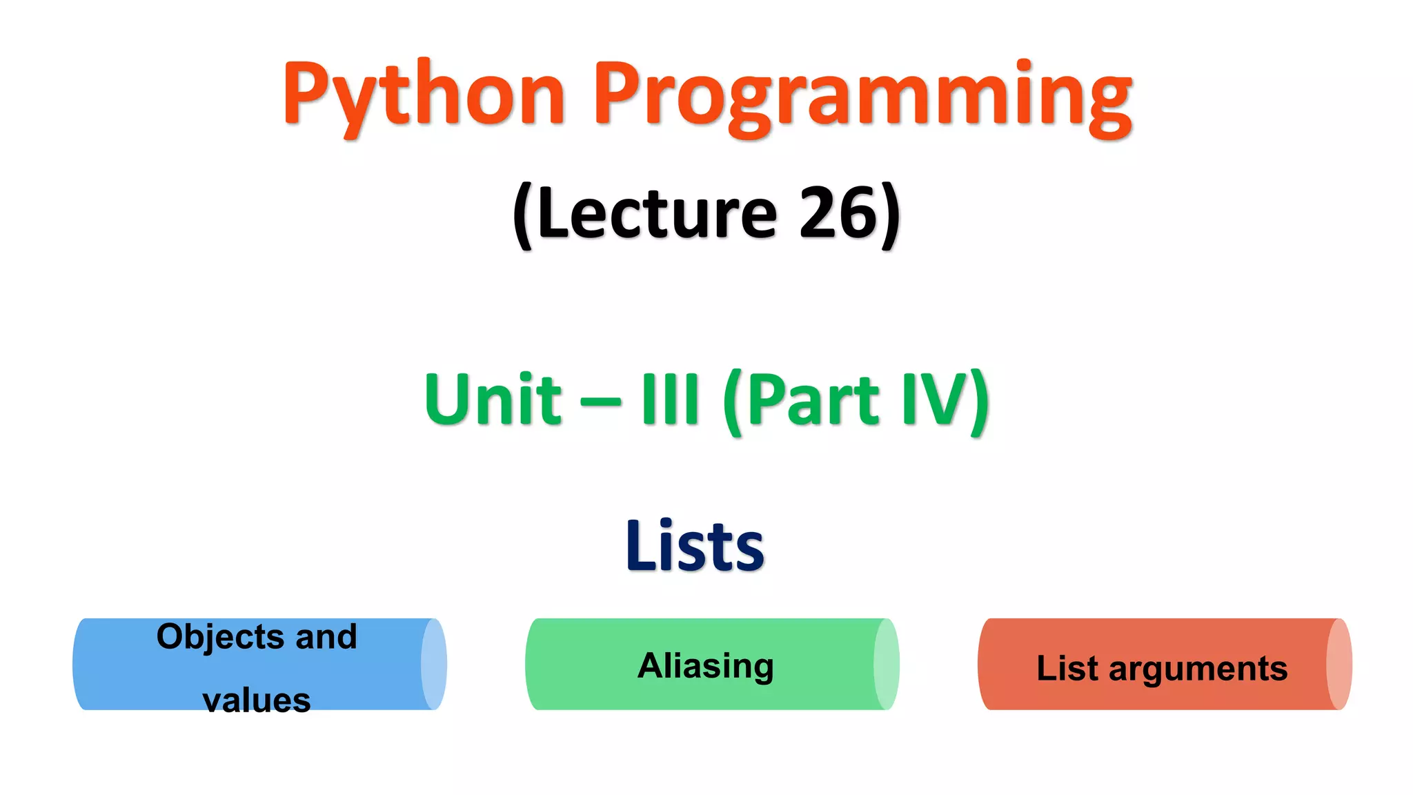 Python Programming
Unit – III (Part IV)
(Lecture 26)
Lists
Aliasing List arguments
Objects and
values
 