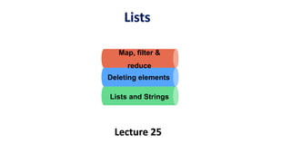 Lists
Deleting elements
Lists and Strings
Map, filter &
reduce
Lecture 25
 