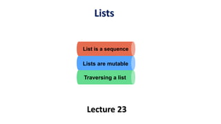 Lists
Lecture 23
List is a sequence
Lists are mutable
Traversing a list
 