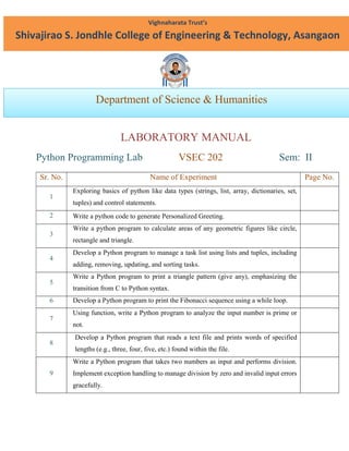 Python Lab Manual for First year Engineering students | PDF