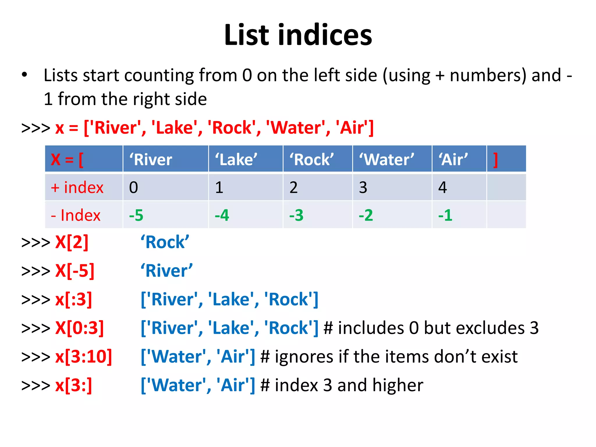 List indices • Lists start counting from 0 on the left side (using + numbers) and - 1 from the right side >>> x = ['River', 'Lake', 'Rock', 'Water', 'Air'] >>> X[2] ‘Rock’ >>> X[-5] ‘River’ >>> x[:3] ['River', 'Lake', 'Rock'] >>> X[0:3] ['River', 'Lake', 'Rock'] # includes 0 but excludes 3 >>> x[3:10] ['Water', 'Air'] # ignores if the items don’t exist >>> x[3:] ['Water', 'Air'] # index 3 and higher X = [ ‘River ‘Lake’ ‘Rock’ ‘Water’ ‘Air’ ] + index 0 1 2 3 4 - Index -5 -4 -3 -2 -1 
