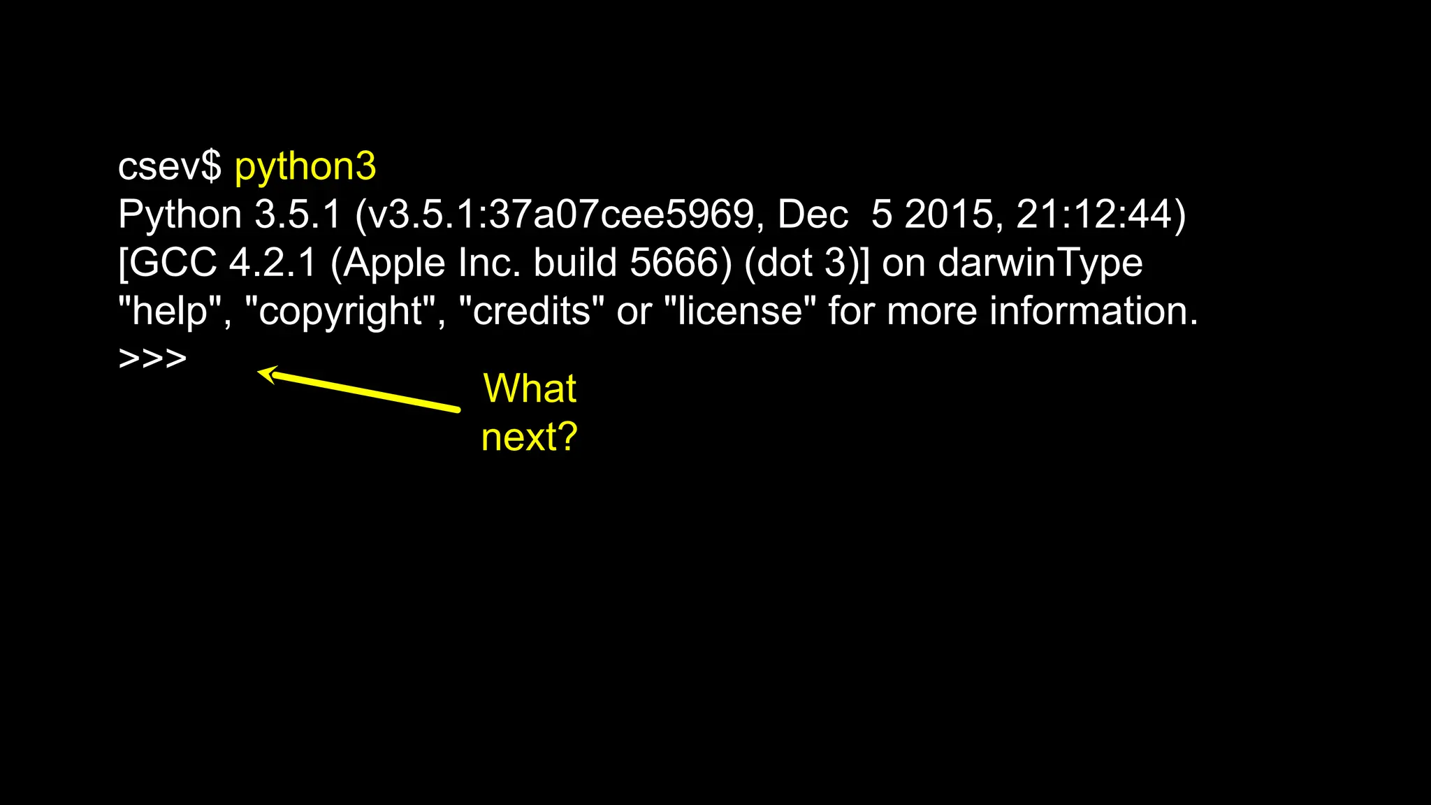 csev$ python3
Python 3.5.1 (v3.5.1:37a07cee5969, Dec 5 2015, 21:12:44)
[GCC 4.2.1 (Apple Inc. build 5666) (dot 3)] on darwinType
"help", "copyright", "credits" or "license" for more information.
>>>
What
next?
 