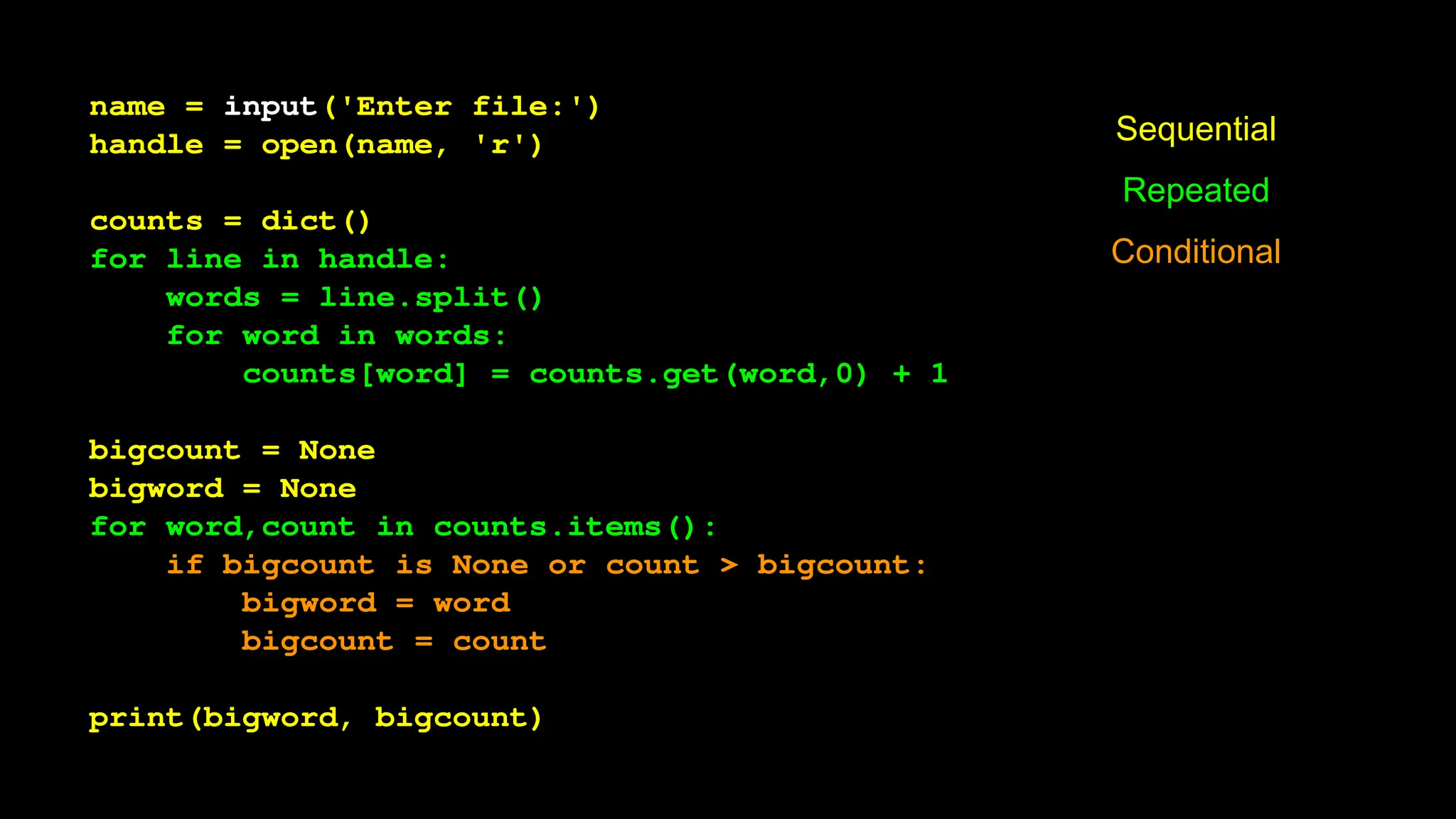 name = input('Enter file:')
handle = open(name, 'r')
counts = dict()
for line in handle:
words = line.split()
for word in words:
counts[word] = counts.get(word,0) + 1
bigcount = None
bigword = None
for word,count in counts.items():
if bigcount is None or count > bigcount:
bigword = word
bigcount = count
print(bigword, bigcount)
Sequential
Repeated
Conditional
 