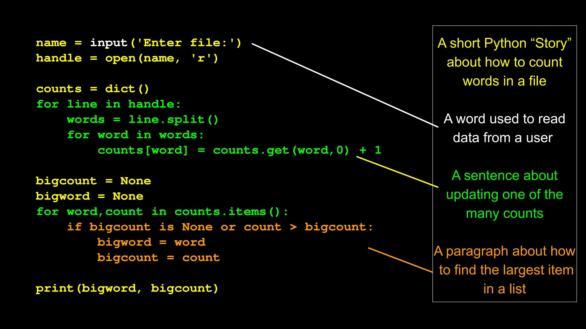 name = input('Enter file:')
handle = open(name, 'r')
counts = dict()
for line in handle:
words = line.split()
for word in words:
counts[word] = counts.get(word,0) + 1
bigcount = None
bigword = None
for word,count in counts.items():
if bigcount is None or count > bigcount:
bigword = word
bigcount = count
print(bigword, bigcount)
A short Python “Story”
about how to count
words in a file
A word used to read
data from a user
A sentence about
updating one of the
many counts
A paragraph about how
to find the largest item
in a list
 