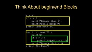 x = 5
if x > 2 :
print('Bigger than 2')
print('Still bigger')
print('Done with 2')
for i in range(5) :
print(i)
if i > 2 :
print('Bigger than 2')
print('Done with i', i)
print('All Done')
Think About begin/end Blocks
 