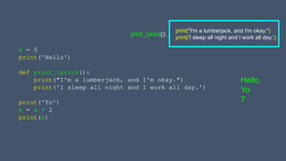 x = 5
print('Hello')
def print_lyrics():
print("I'm a lumberjack, and I'm okay.")
print('I sleep all night and I work all day.')
print('Yo')
x = x + 2
print(x)
Hello
Yo
7
print("I'm a lumberjack, and I'm okay.")
print('I sleep all night and I work all day.')
print_lyrics():
 