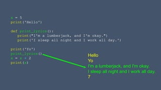 x = 5
print('Hello')
def print_lyrics():
print("I'm a lumberjack, and I'm okay.")
print('I sleep all night and I work all day.')
print('Yo')
print_lyrics()
x = x + 2
print(x)
Hello
Yo
I'm a lumberjack, and I'm okay.
I sleep all night and I work all day.
7
 