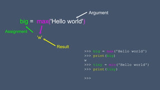 >>> big = max('Hello world')
>>> print(big)
w
>>> tiny = min('Hello world')
>>> print(tiny)
>>>
big = max('Hello world')
Argument
'w'
Result
Assignment
 