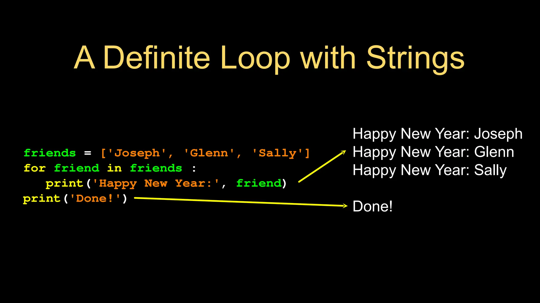 A Definite Loop with Strings
friends = ['Joseph', 'Glenn', 'Sally']
for friend in friends :
print('Happy New Year:', friend)
print('Done!')
Happy New Year: Joseph
Happy New Year: Glenn
Happy New Year: Sally
Done!
 