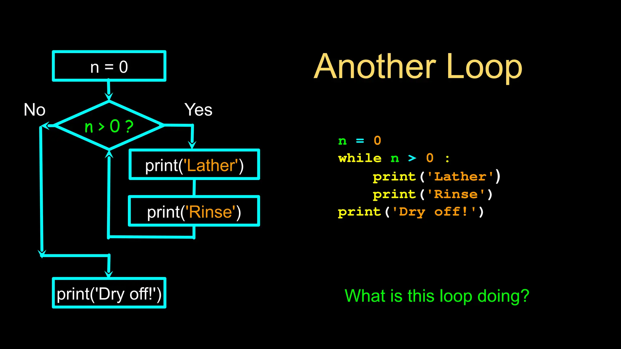 Another Loop
n = 0
while n > 0 :
print('Lather')
print('Rinse')
print('Dry off!')
n > 0 ?
No
print('Dry off!')
Yes
n = 0
print('Lather')
print('Rinse')
What is this loop doing?
 