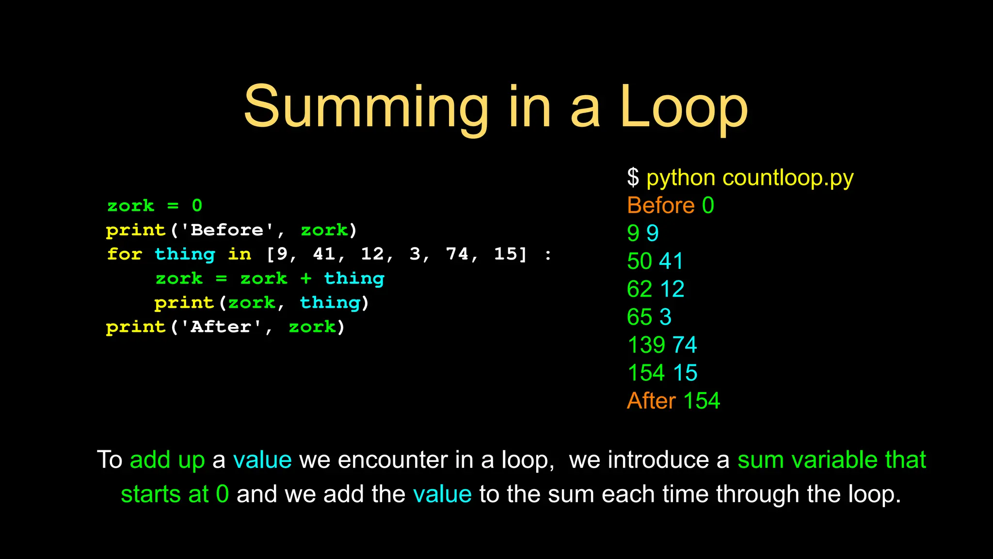 Summing in a Loop
zork = 0
print('Before', zork)
for thing in [9, 41, 12, 3, 74, 15] :
zork = zork + thing
print(zork, thing)
print('After', zork)
$ python countloop.py
Before 0
9 9
50 41
62 12
65 3
139 74
154 15
After 154
To add up a value we encounter in a loop, we introduce a sum variable that
starts at 0 and we add the value to the sum each time through the loop.
 