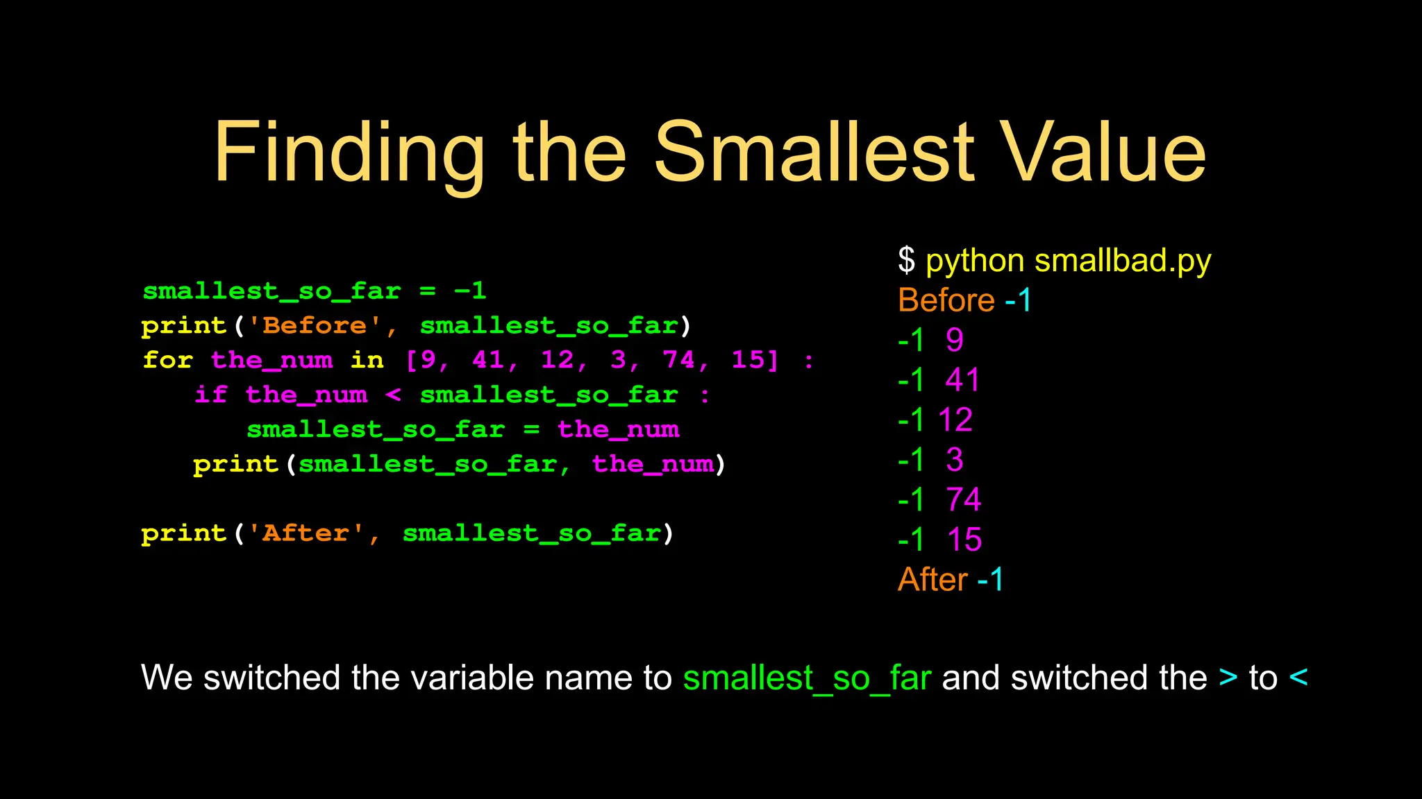 Finding the Smallest Value
smallest_so_far = -1
print('Before', smallest_so_far)
for the_num in [9, 41, 12, 3, 74, 15] :
if the_num < smallest_so_far :
smallest_so_far = the_num
print(smallest_so_far, the_num)
print('After', smallest_so_far)
We switched the variable name to smallest_so_far and switched the > to <
$ python smallbad.py
Before -1
-1 9
-1 41
-1 12
-1 3
-1 74
-1 15
After -1
 