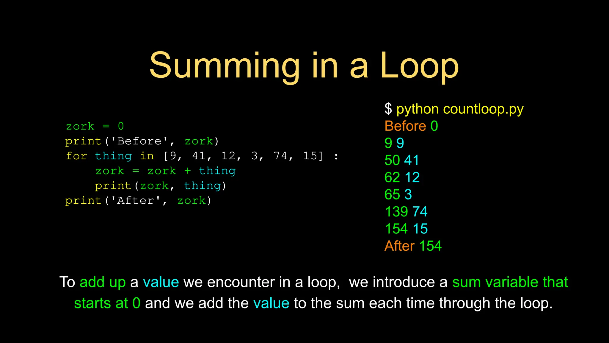 Summing in a Loop
zork = 0
print('Before', zork)
for thing in [9, 41, 12, 3, 74, 15] :
zork = zork + thing
print(zork, thing)
print('After', zork)
$ python countloop.py
Before 0
9 9
50 41
62 12
65 3
139 74
154 15
After 154
To add up a value we encounter in a loop, we introduce a sum variable that
starts at 0 and we add the value to the sum each time through the loop.
 