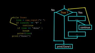 True ?
No
print('Done')
Yes
while True:
line = raw_input('> ')
if line[0] == '#' :
continue
if line == 'done' :
break
print(line)
print('Done!')
...
....
continue
 