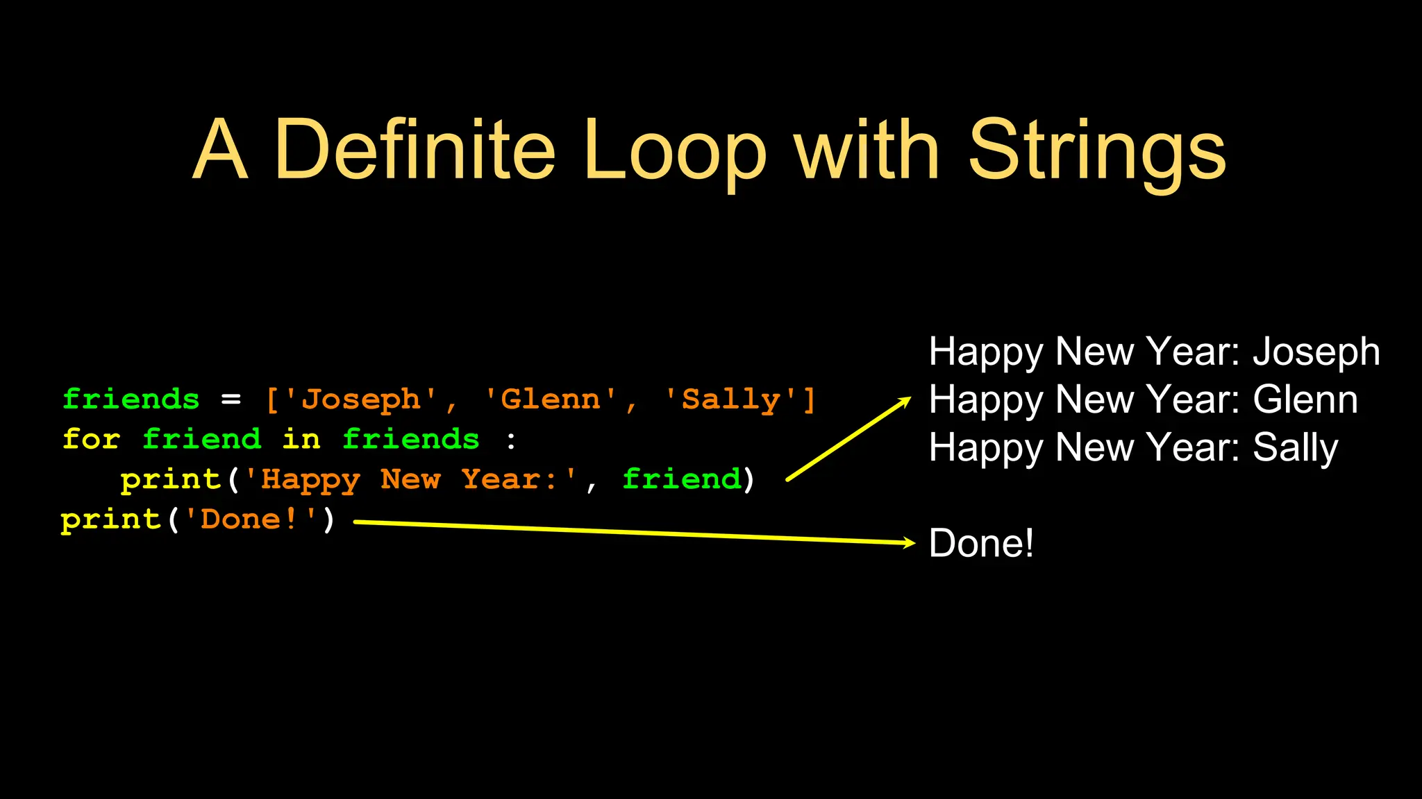 A Definite Loop with Strings
friends = ['Joseph', 'Glenn', 'Sally']
for friend in friends :
print('Happy New Year:', friend)
print('Done!')
Happy New Year: Joseph
Happy New Year: Glenn
Happy New Year: Sally
Done!
 